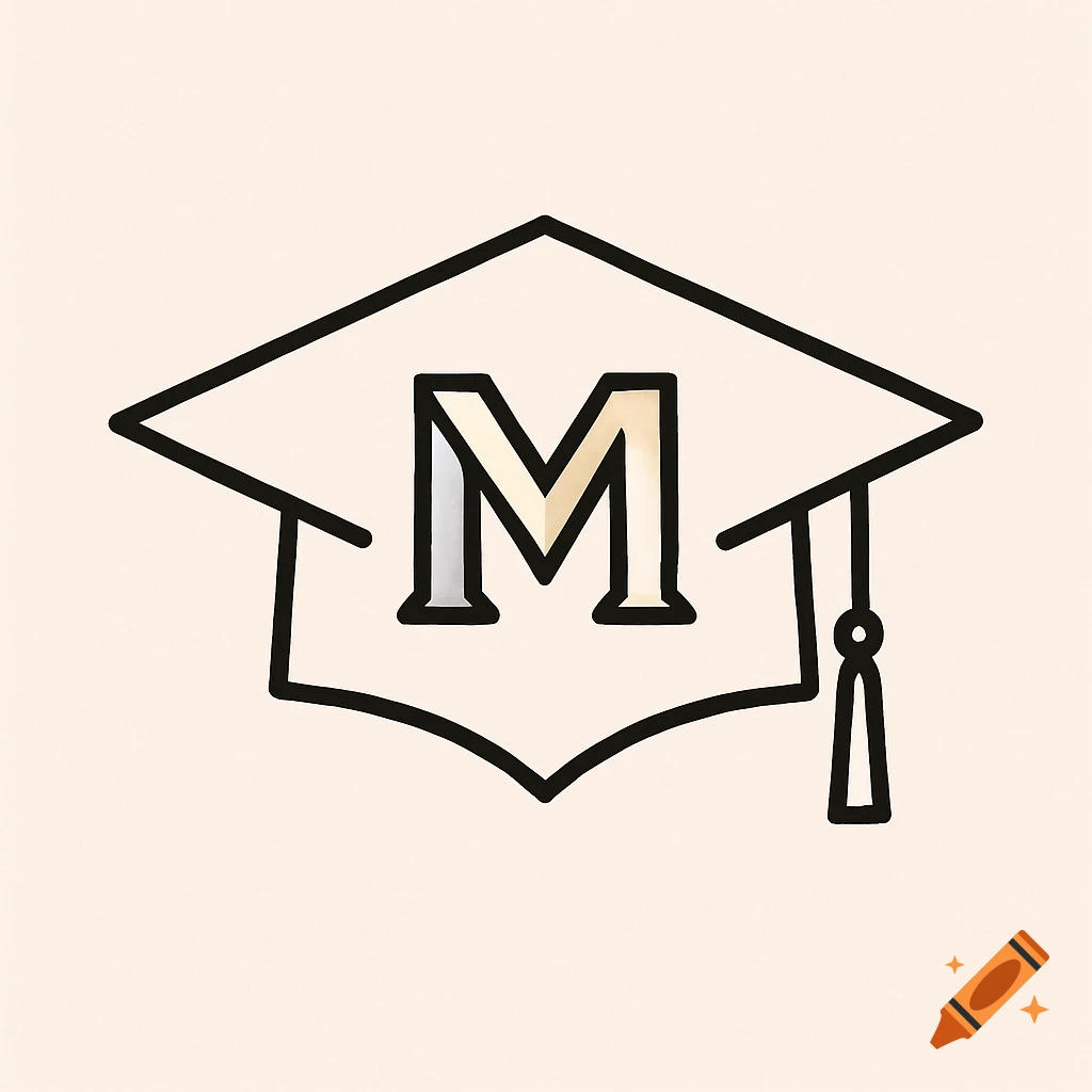 Outline of a graduation cap with a gold and silver stylized letter M in the center on a light background.