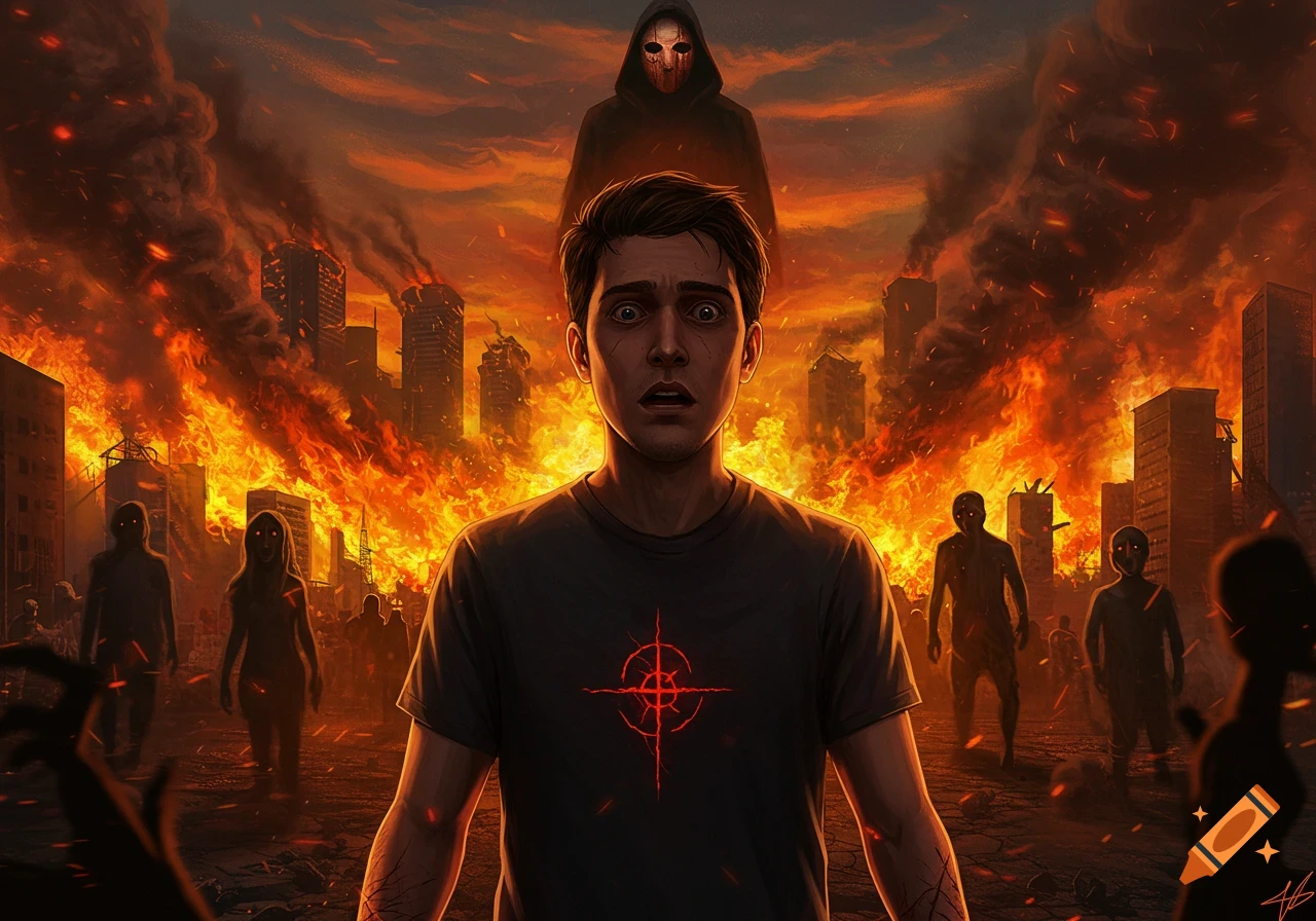 A terrified young man stands before a burning city, surrounded by shadowy figures with glowing eyes, while a masked figure looms behind him.