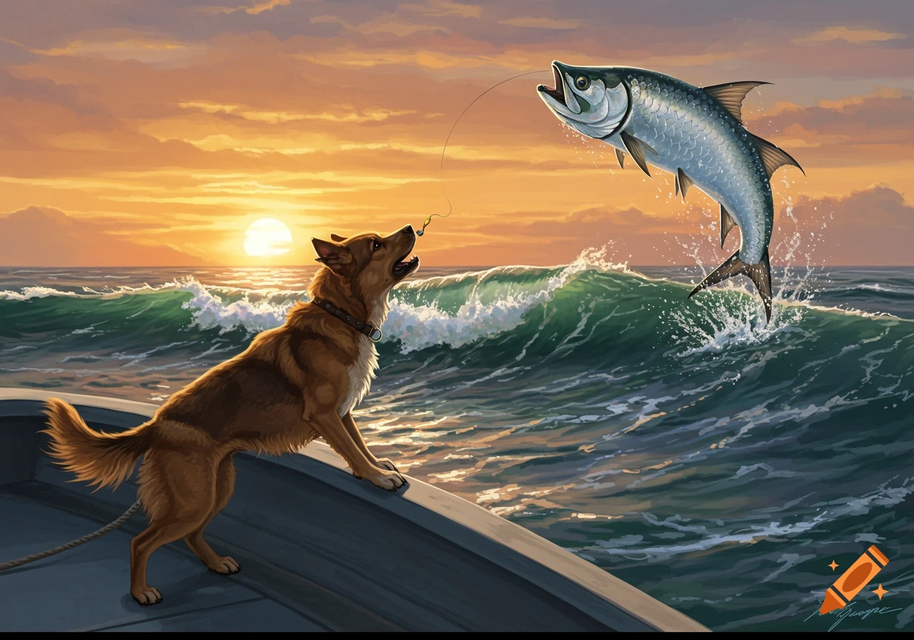 A brown dog on a boat looks up at a silver tarpon jumping from the ocean at sunset, connected by a fishing line, in a painterly style.