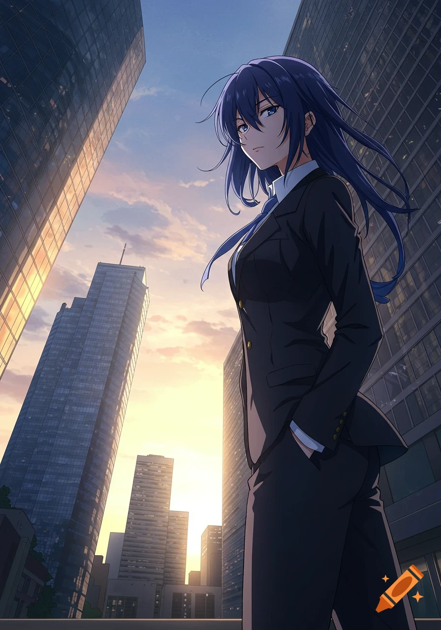 Anime lady with dark blue hair in office attire stands against a city skyline at sunset.