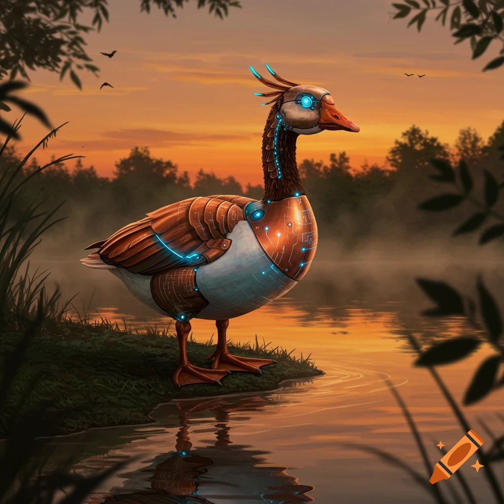 A highly detailed cyborg goose with glowing blue circuits stands on a grassy shore by a misty lake at sunset, reflected in the water.