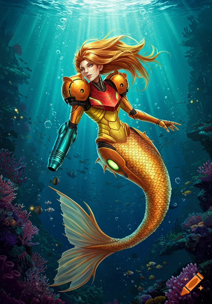 Samus Aran mermaid in a golden power suit and tail, swimming in a vibrant sunlit coral reef.