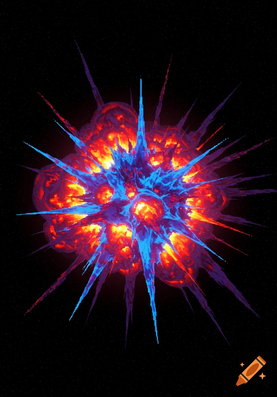 A vibrant, pixelated blue, red, and orange explosion bursts in dark outer space filled with tiny stars.