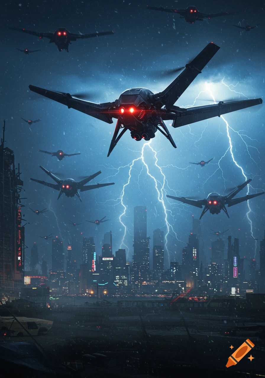 Dark, futuristic drones with glowing red eyes hover above a cyberpunk city during a lightning storm and rain.