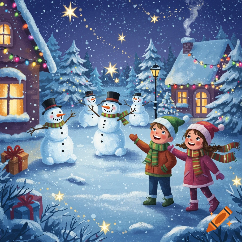 Whimsical illustration of two happy children in a snowy village scene with snowmen, festive lights, and stars falling.