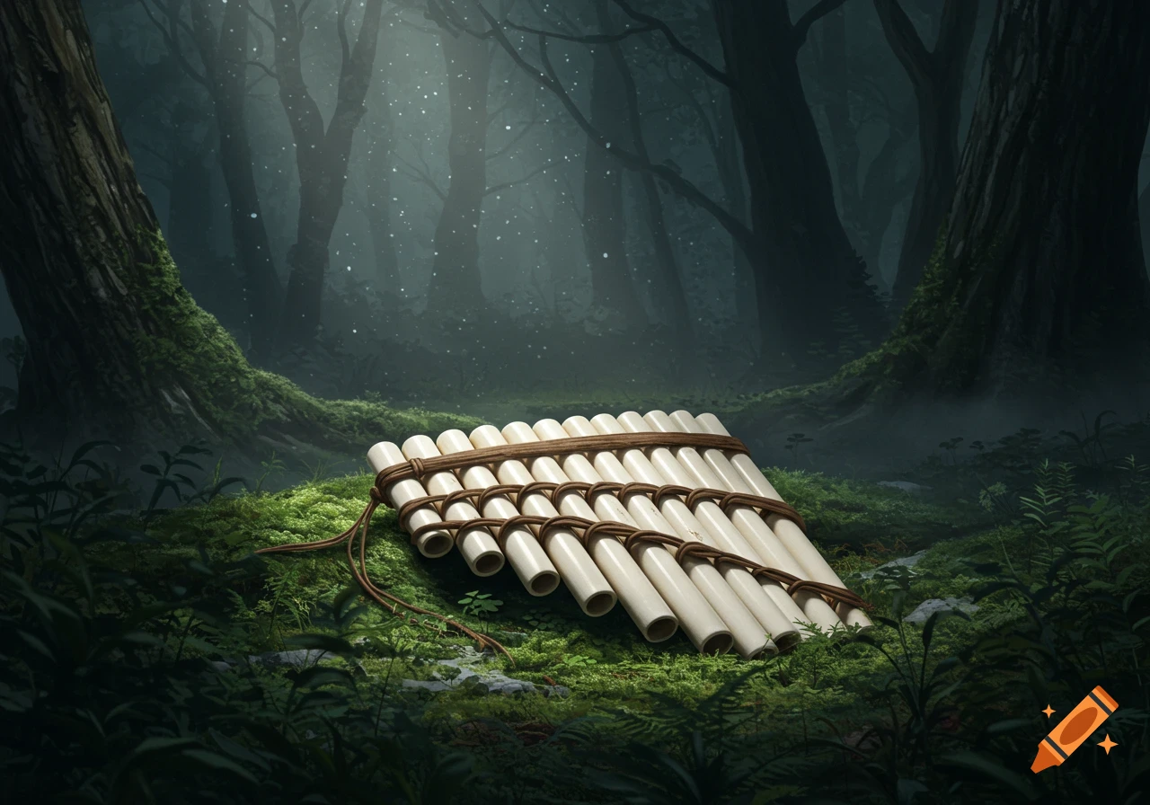 A pan flute made of bone rests on a mossy forest floor, with ethereal light filtering through dark trees in the background.