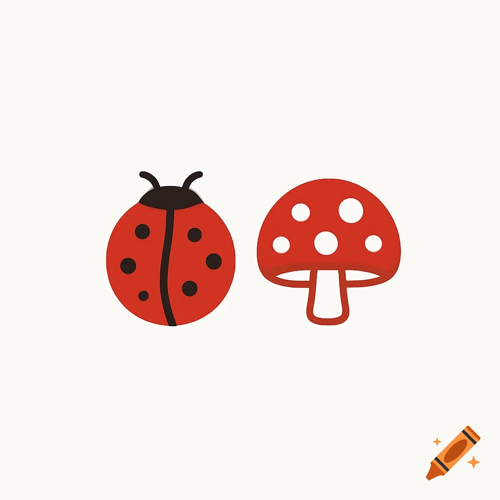 A minimalist illustration of a red ladybug with black spots and a red mushroom with white spots, side by side on a white background.