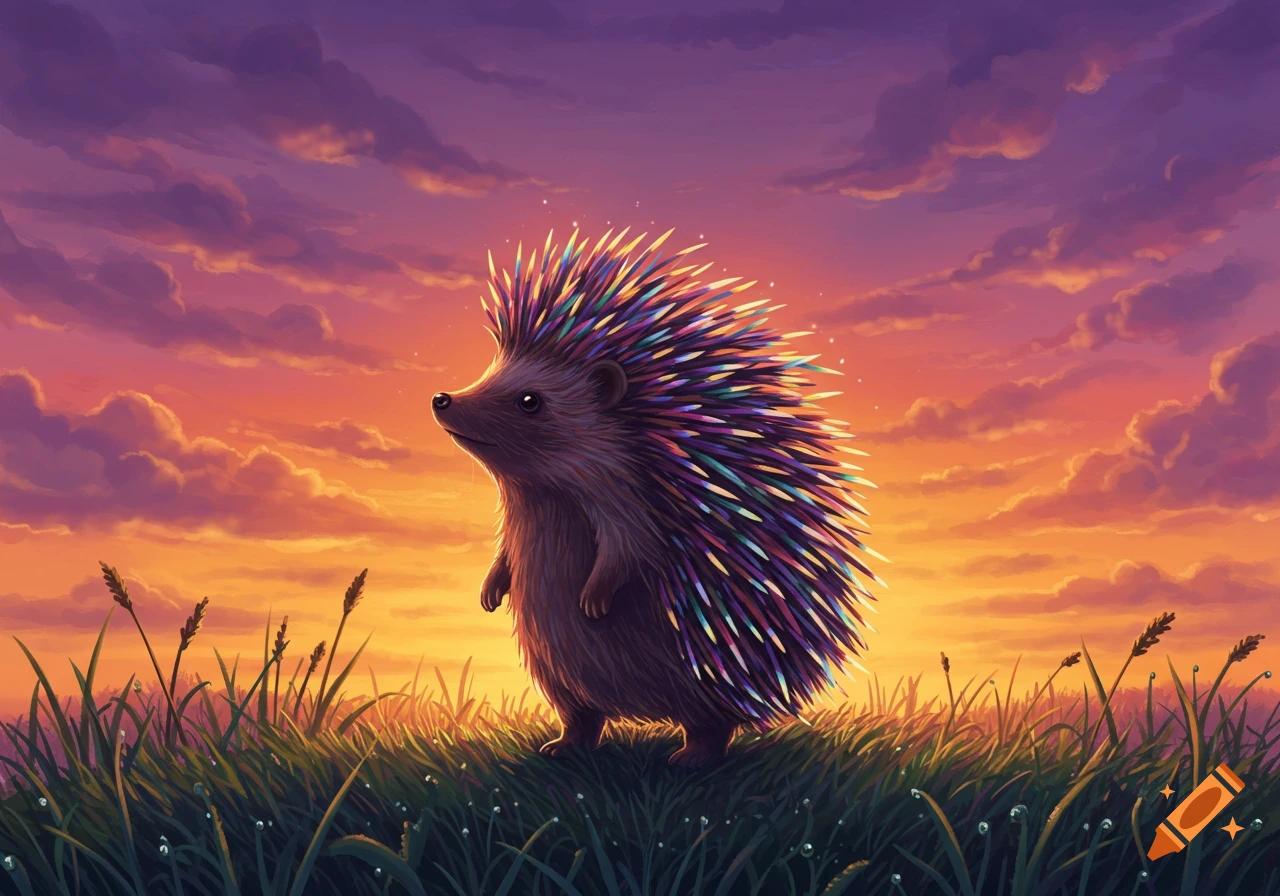 A colorful hedgehog with rainbow quills stands in a grassy field looking towards a vibrant orange and purple sunset sky.