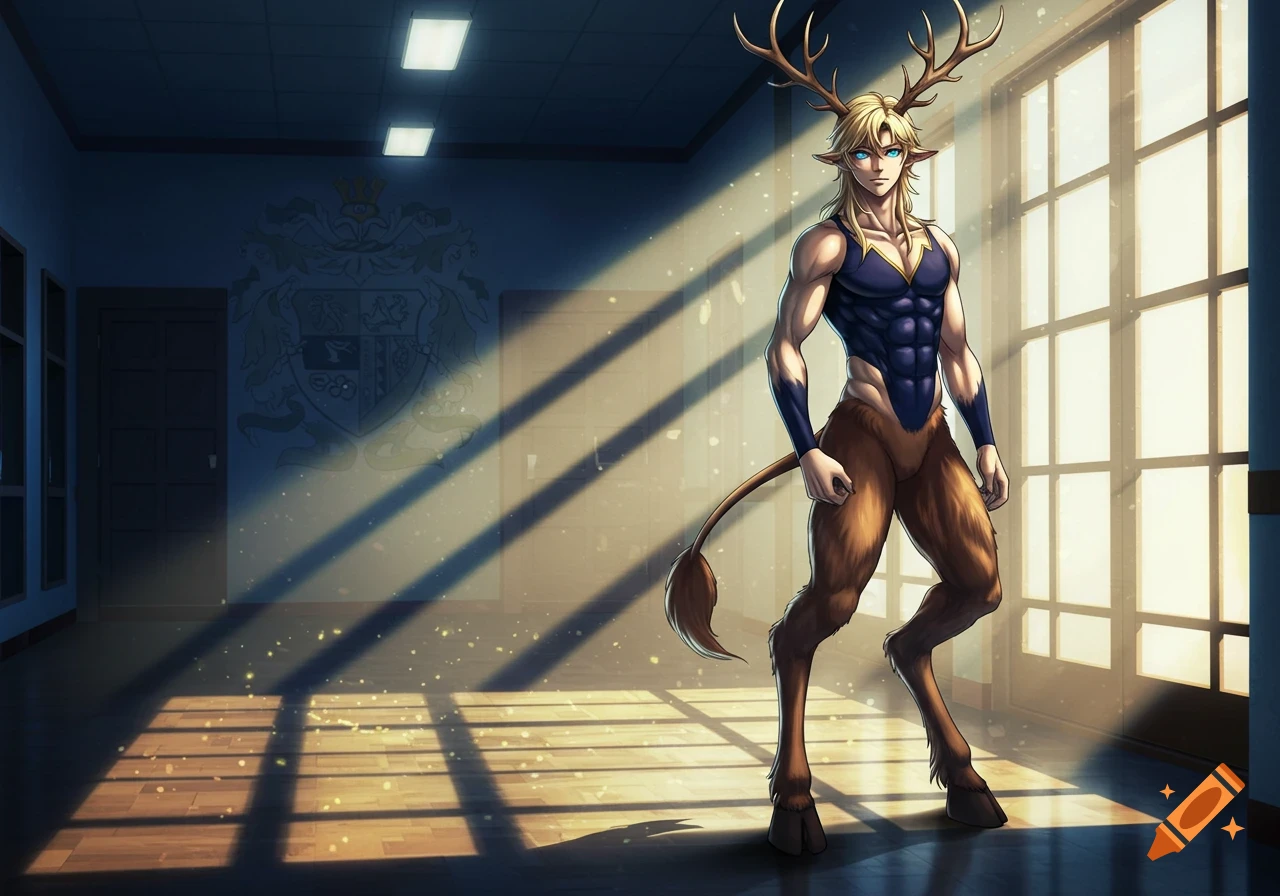 Anime illustration of a muscular blond satyr with antlers, blue eyes, and hooves, wearing a dark leotard, standing in a sunlit school hallway.