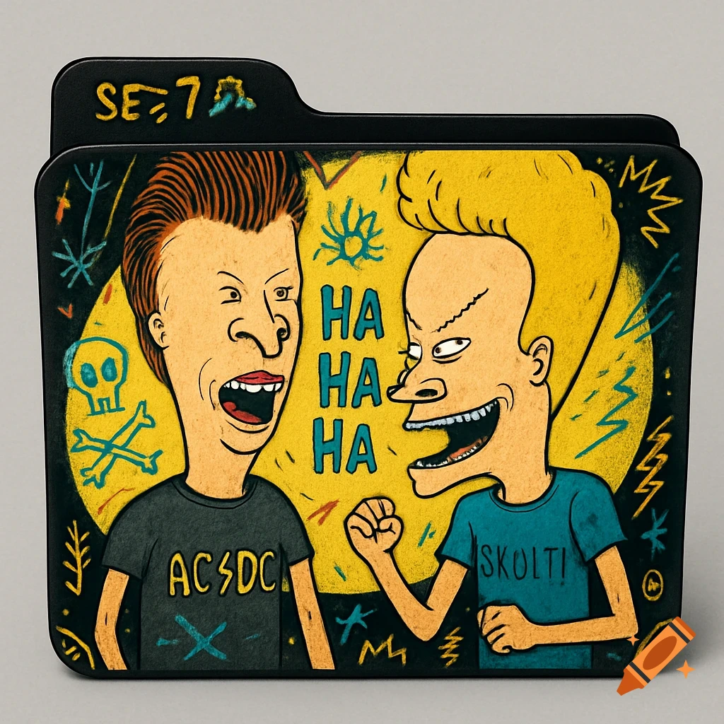 A stylized folder icon featuring cartoon characters Beavis and Butthead laughing, with text "HA HA HA" between them. One wears a shirt that says "ACSDC", the other "SKOLT!". The folder tab reads "SEΞ7".