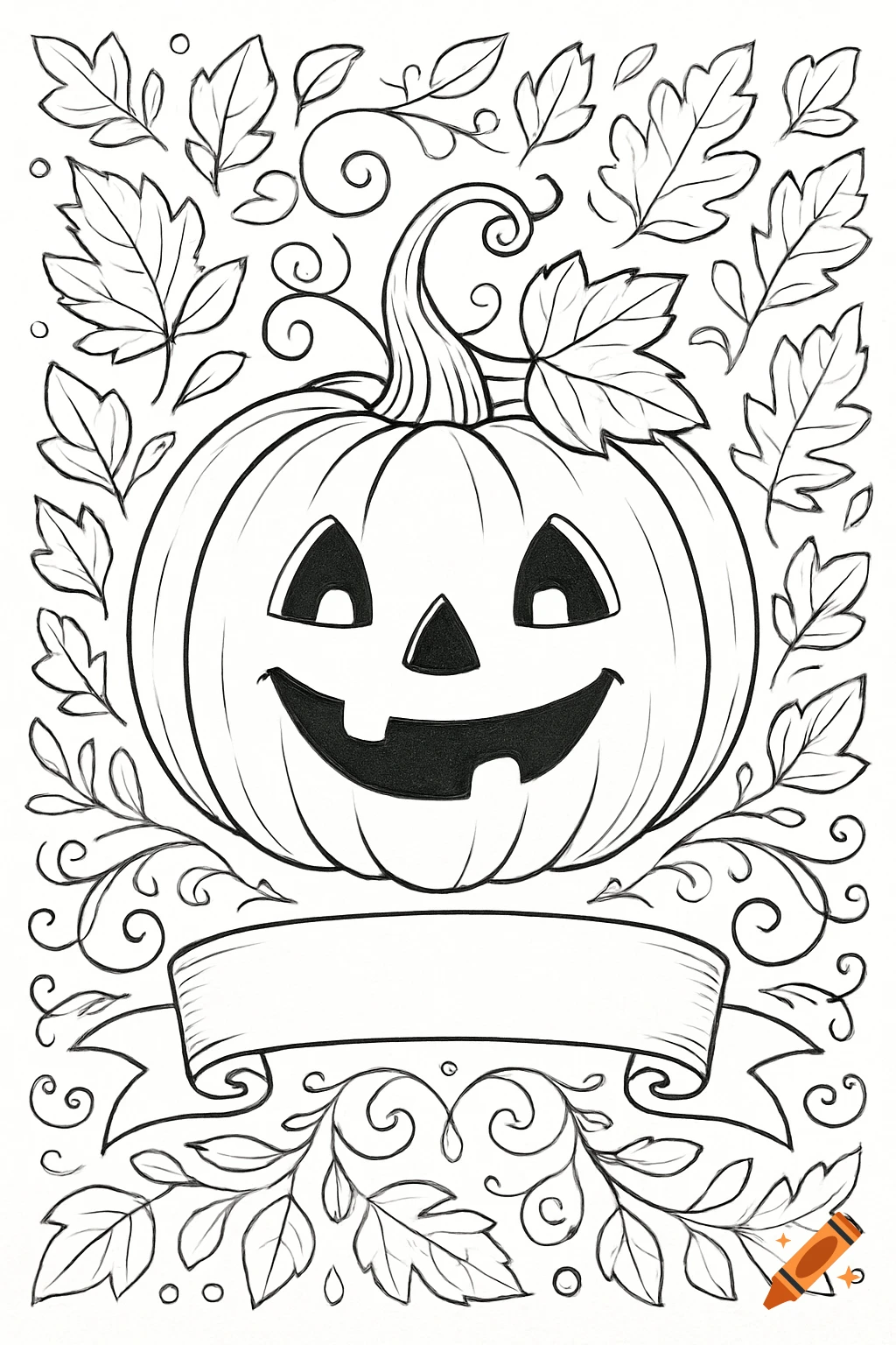 Black and white coloring book page featuring a smiling jack-o'-lantern surrounded by autumn leaves, with a blank banner below.