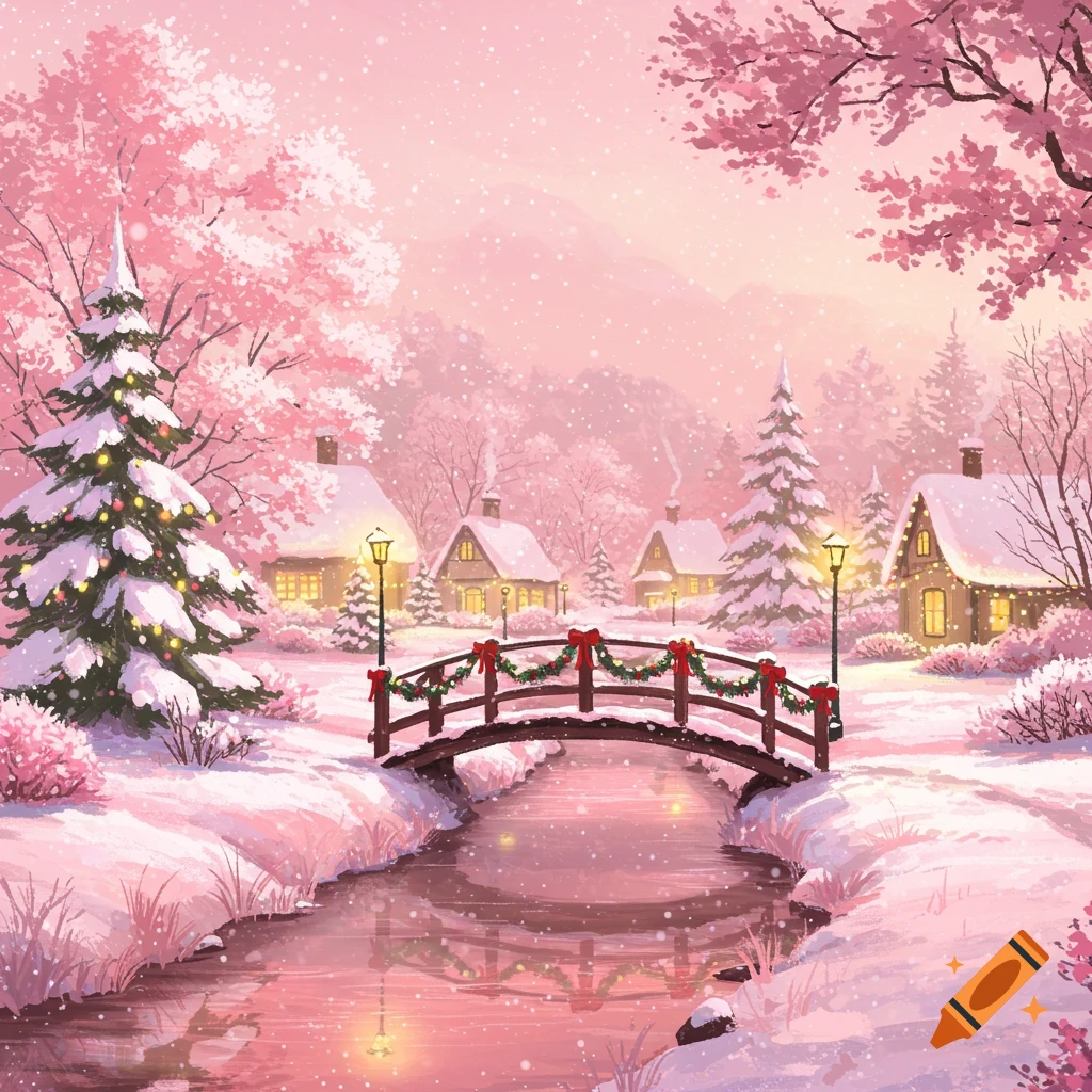 A whimsical pink Christmas winter landscape with a snow-covered village, bridge, and festive trees in an ink painting style.