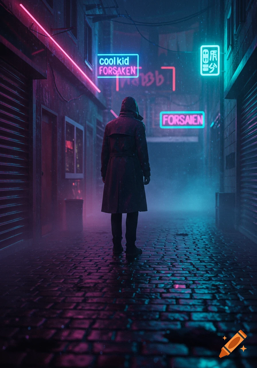 A person in a hooded trench coat stands in a rainy, neon-lit cyberpunk alley with glowing signs.