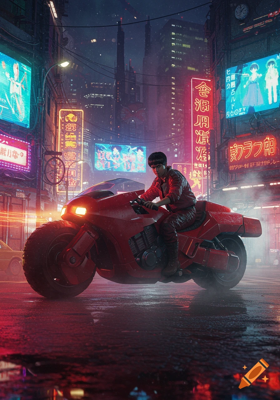A person on a red futuristic motorcycle in a neon-lit cyberpunk city at night, reflecting on a wet street.