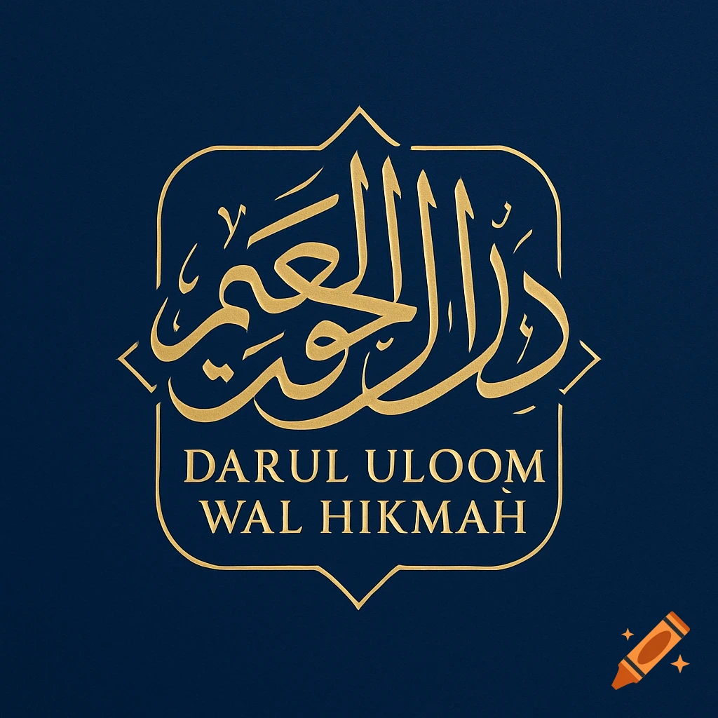 A gold and dark blue logo featuring elegant Arabic calligraphy and the English text "DARUL ULOOM WAL HIKMAH" within an ornate shield shape.