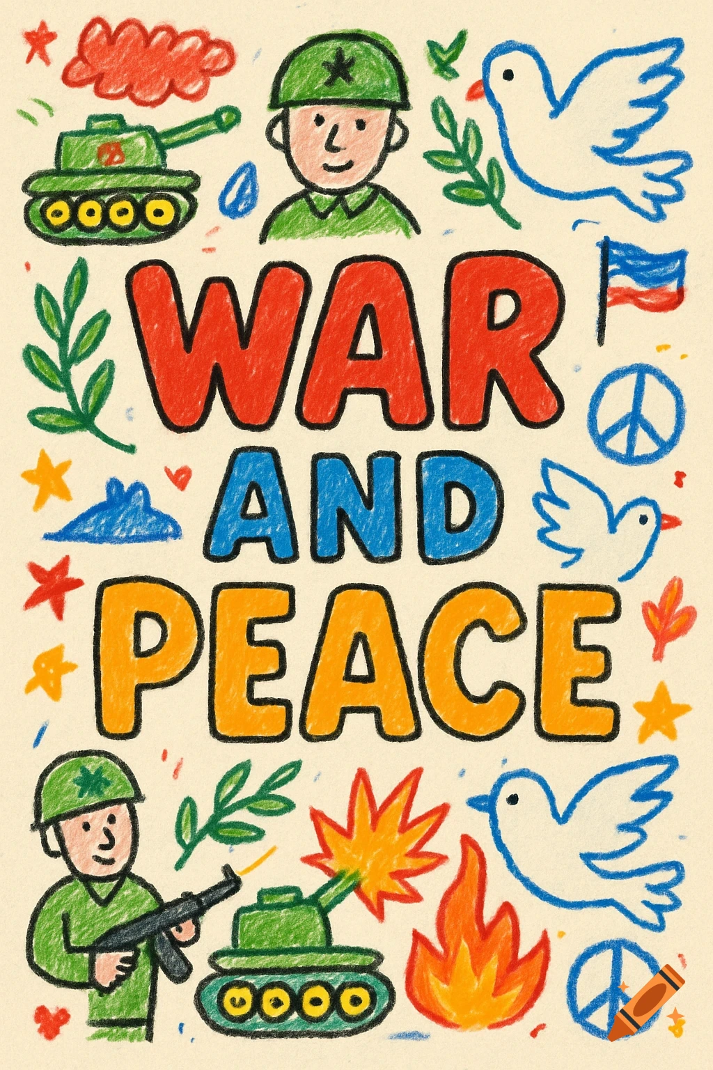 Childlike crayon illustration of WAR AND PEACE with soldiers, tanks, doves, and peace symbols.