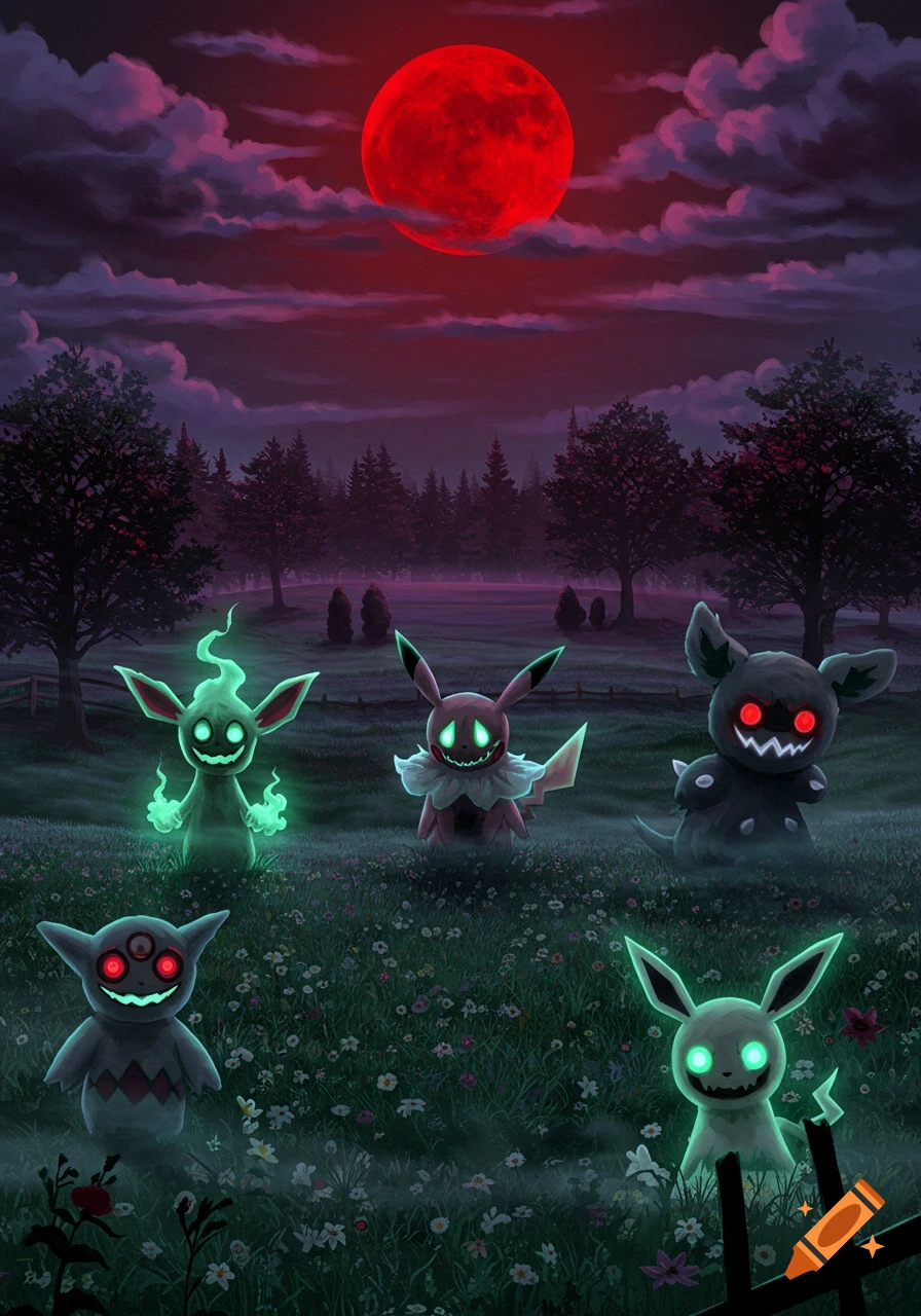 Six ghostly, cursed Pokemon-like creatures in a dark, misty field under a large red moon and ominous sky.