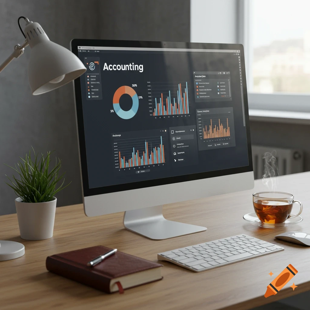 A wooden desk with a computer displaying accounting charts, a plant, a lamp, a notebook, and a cup of tea.