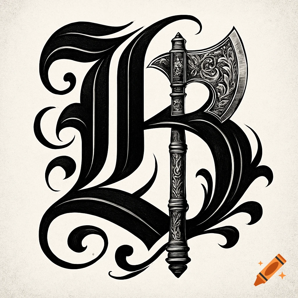 Ornate gothic blackletter capital B with elaborate scrollwork, intertwined with a detailed medieval battle axe, in a vintage tattoo style.