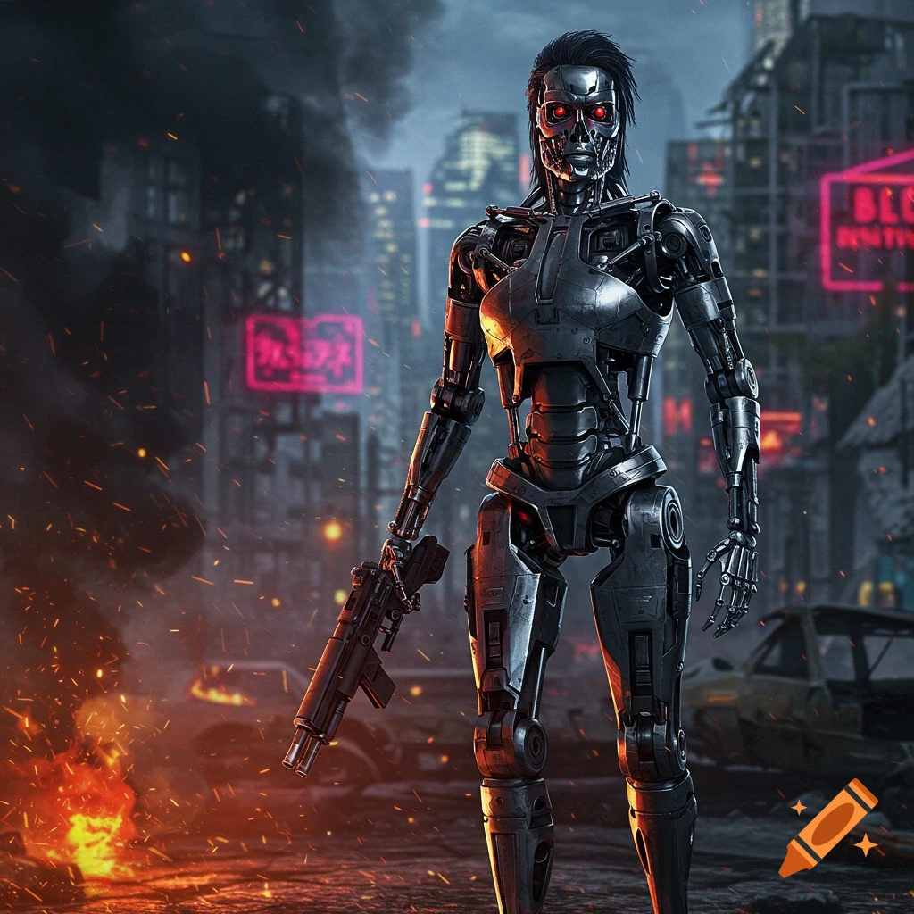 A menacing female Terminator robot stands in a burning, ruined city, holding a rifle in a cinematic, photorealistic style.
