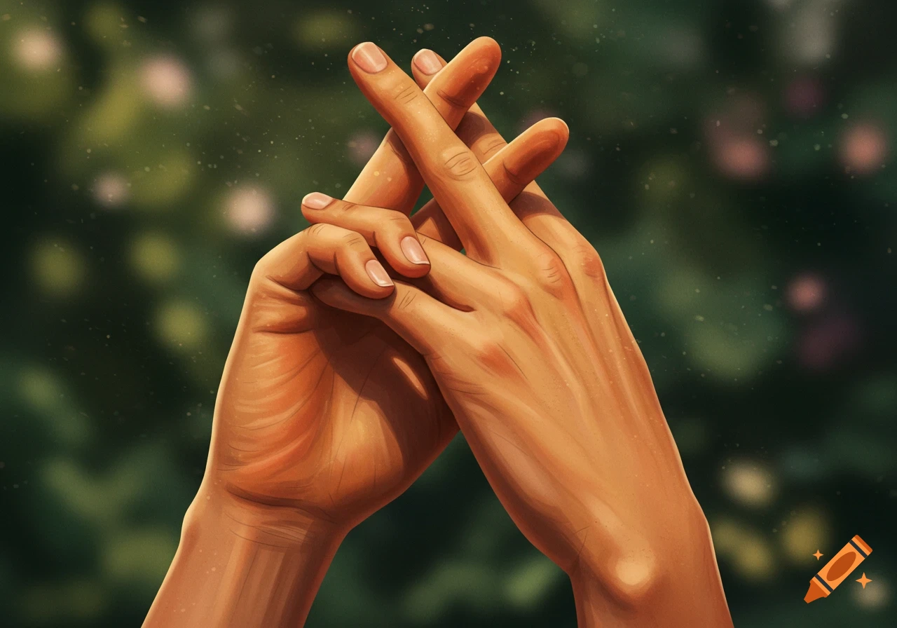 Close-up digital illustration of two hands with fingers crossed against a blurred green background.