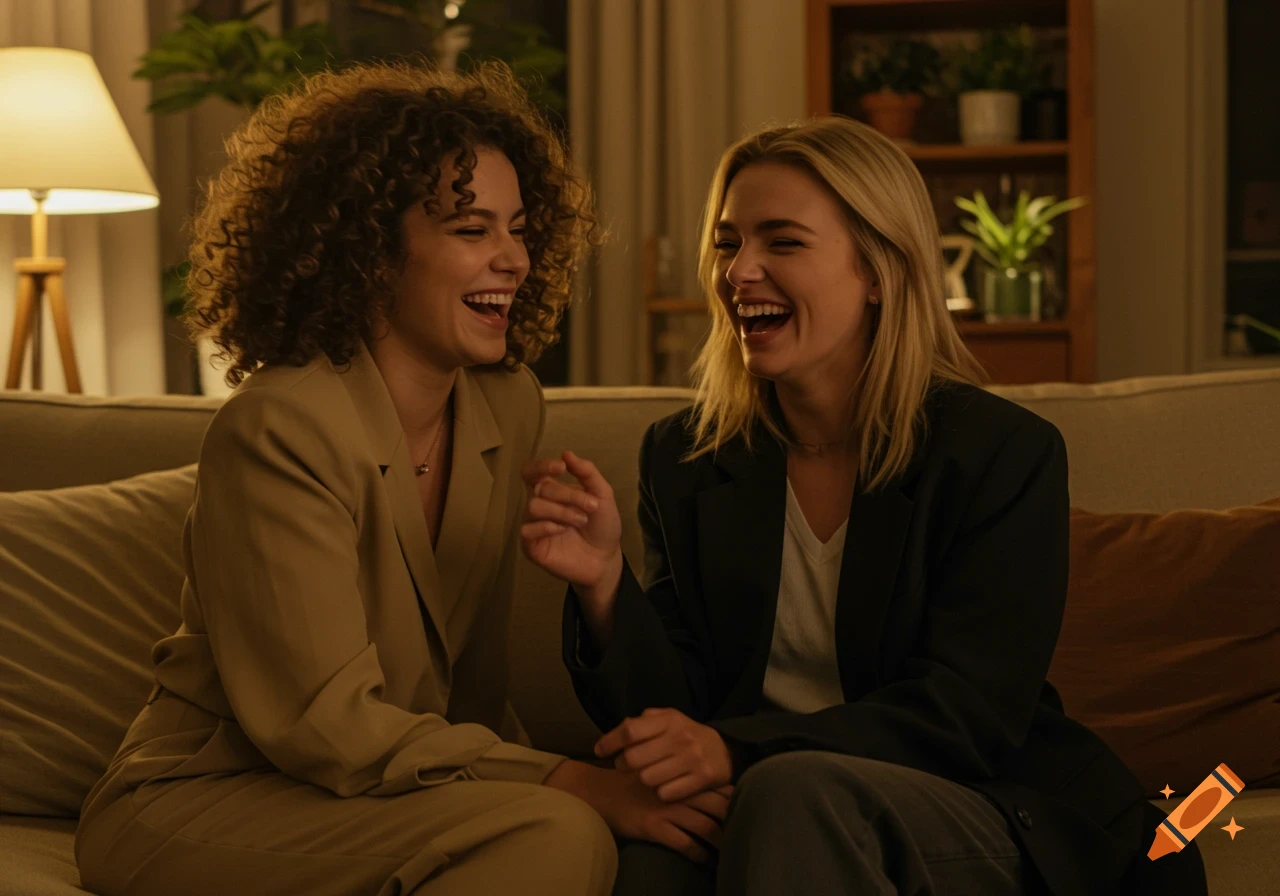 Two women with curly and straight hair laughing heartily in a cozy, modern living room with warm lighting.