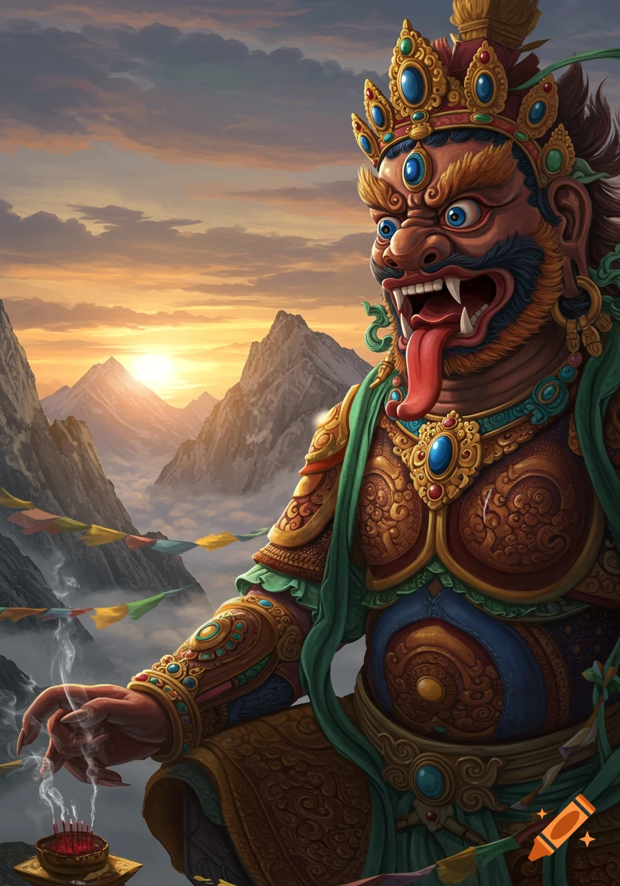 Ornate Tibetan protector deity with a long red tongue and fangs sits on a mountain peak at sunset, with colorful prayer flags.