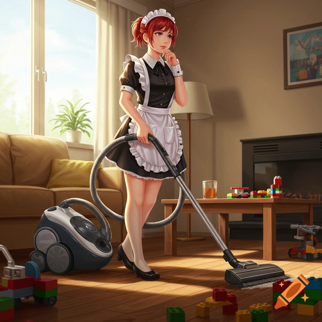 Anime-style maid in a living room, vacuuming around scattered Lego toys.