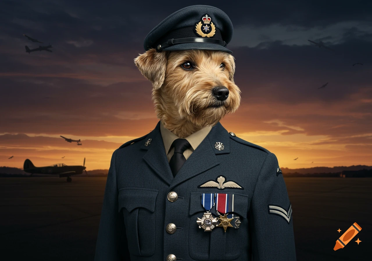 Photorealistic Wheaten Terrier dog in a detailed RAF uniform with medals, on an airfield at sunset with planes.
