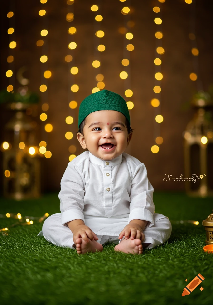 Smiling baby boy in white kurta and green cap sits on grass with golden lights and Islamic decor, photorealistic.