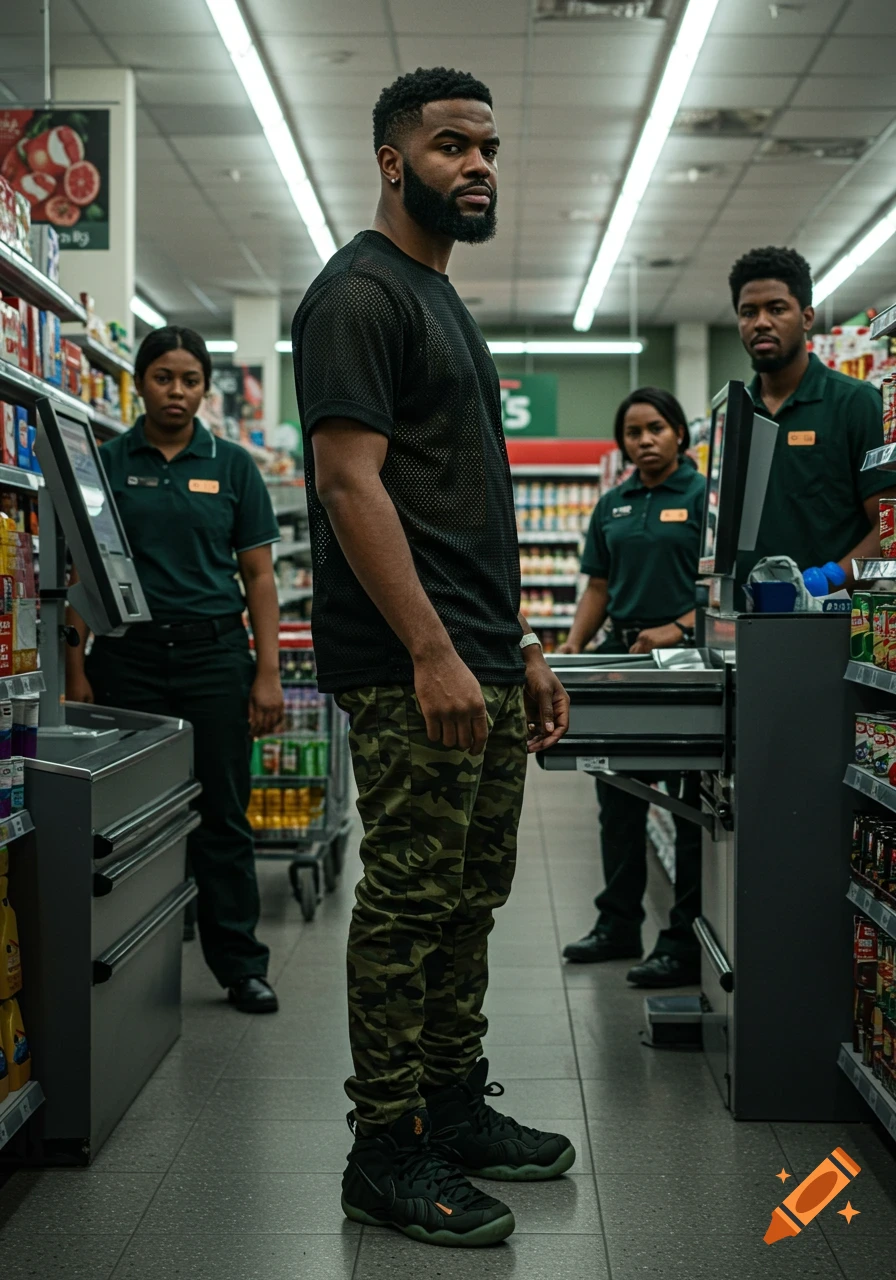 A man in a black mesh shirt, green camo pants, and black sneakers stands in a supermarket aisle at self-checkout, looking at the camera. Three employees in green shirts are in the background.