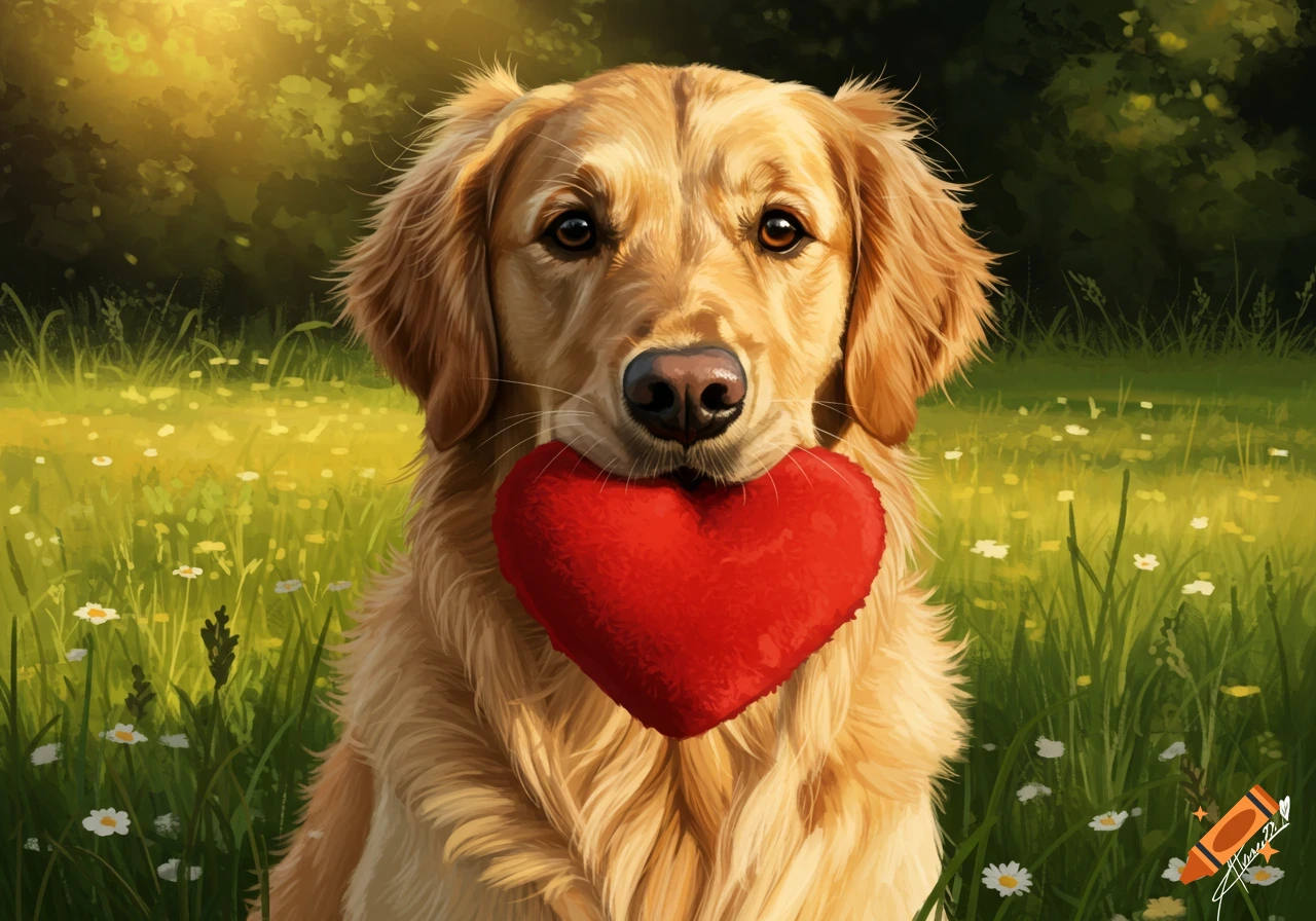 A golden retriever sits in a sunny field of grass and white flowers, holding a red plush heart in its mouth.