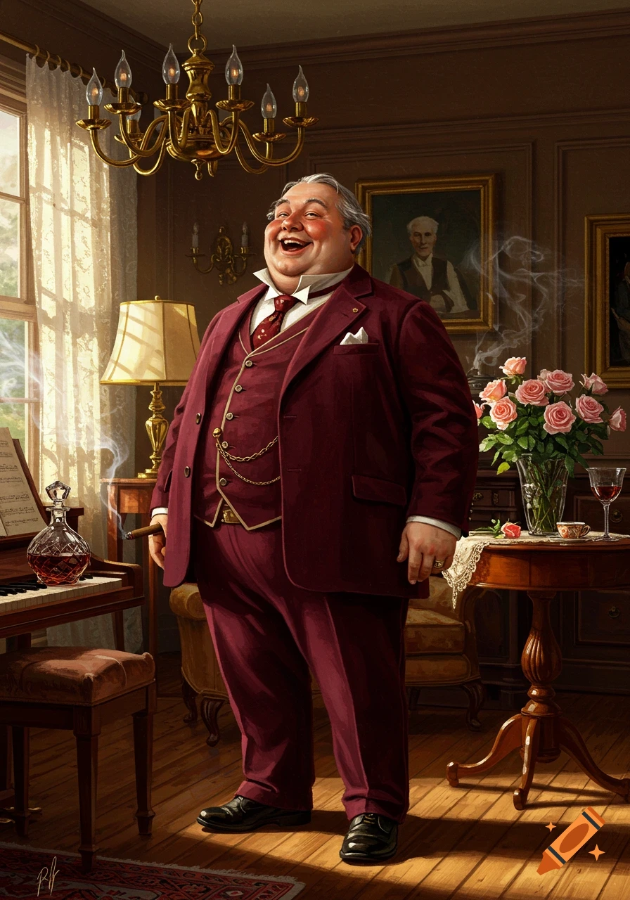 A portly man in a burgundy suit laughs heartily in an opulent, sunlit room with a piano, flowers, and a cigar.