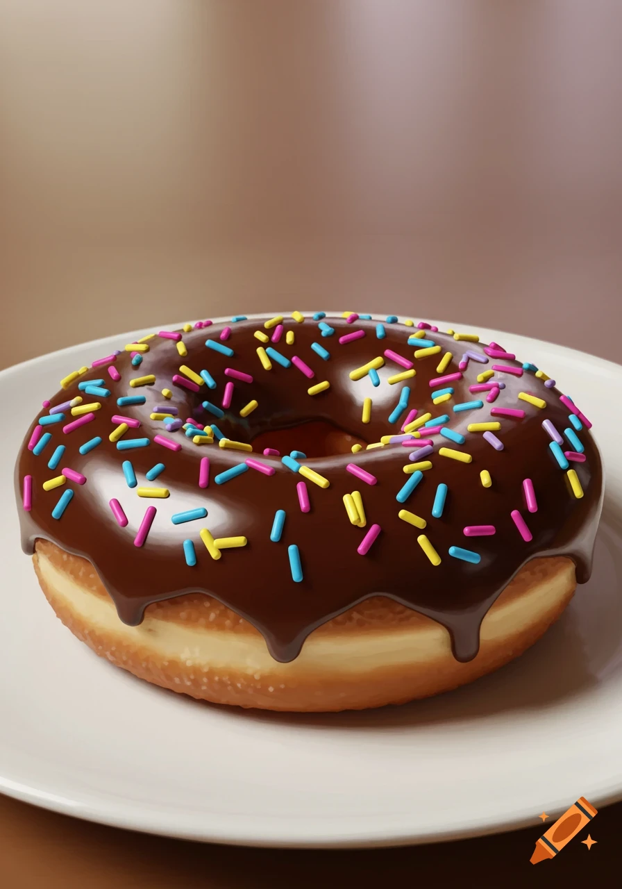 Close-up of a chocolate donut topped with colorful sprinkles on a white plate, with a painterly style.
