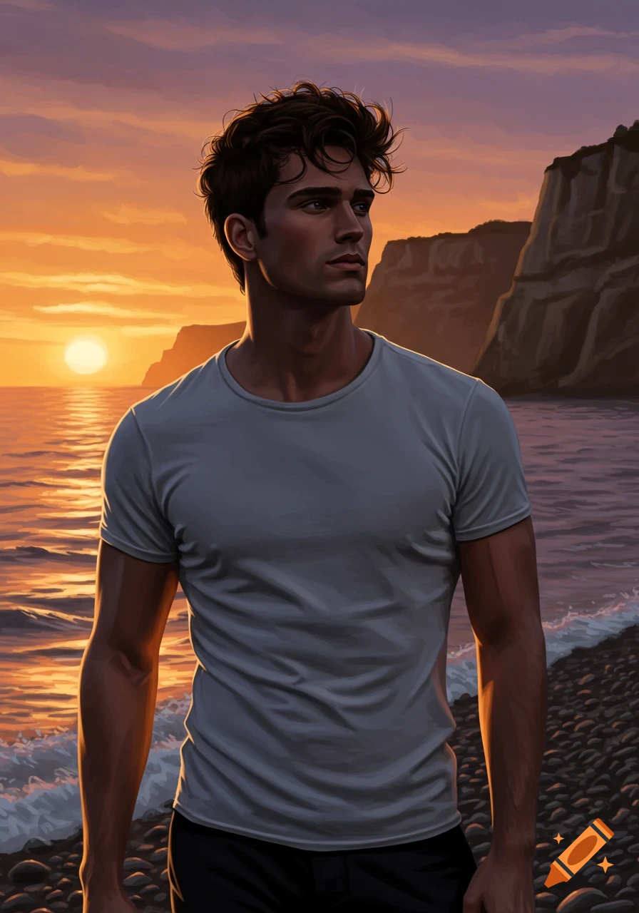 Handsome, messy-haired man in a t-shirt stands on a pebbly beach, watching a vivid sunset over the ocean with cliffs, digital art.