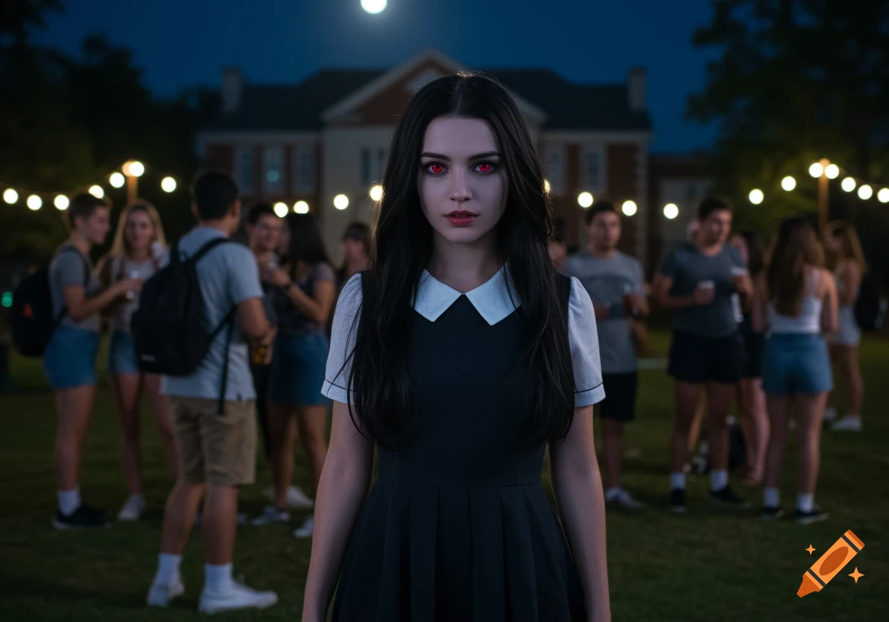 A pale woman with long black hair and red eyes in a black dress with a white collar stands at a night-time outdoor college party.