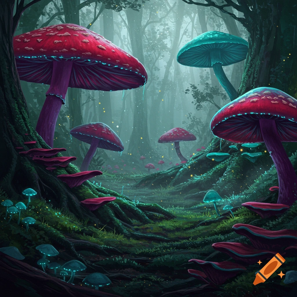 A magical forest scene with giant glowing red and teal mushrooms, bioluminescent plants, and a misty, ethereal atmosphere.