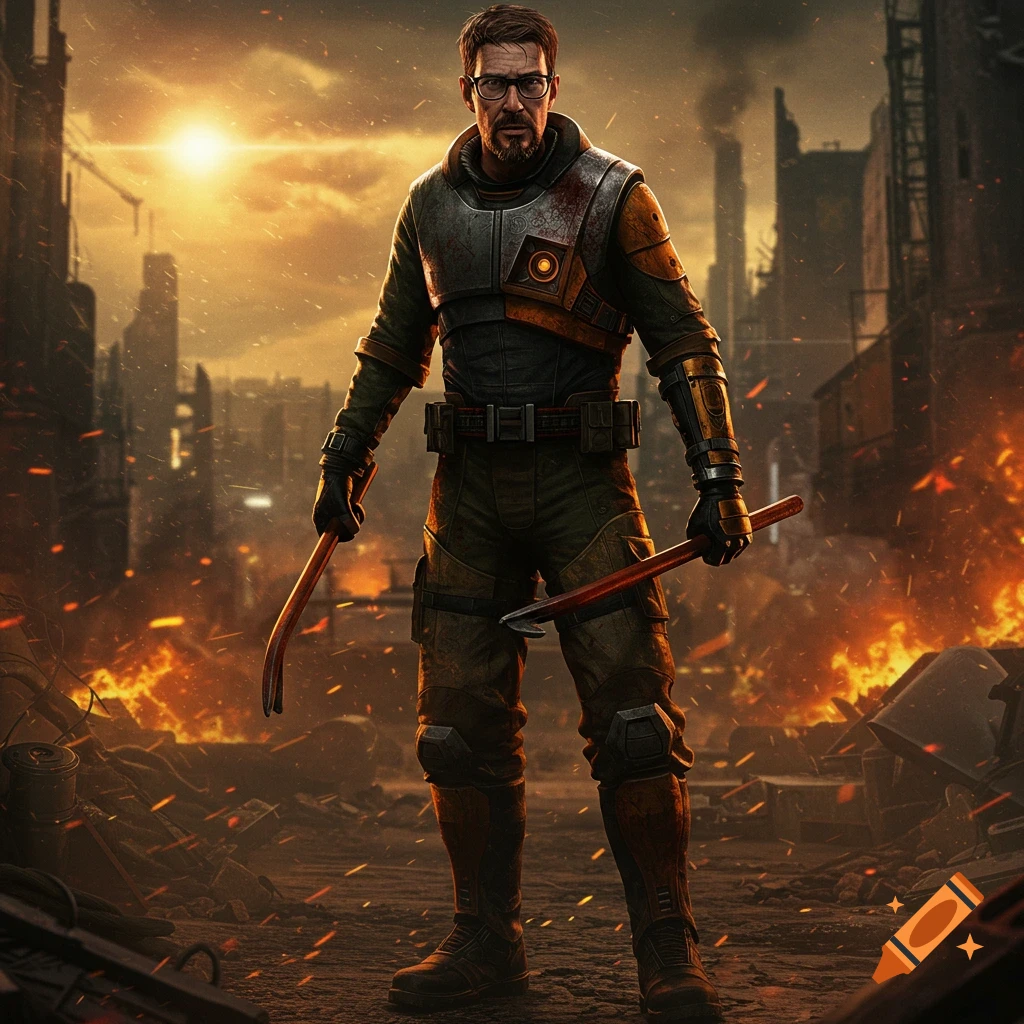 Gordon Freeman stands in a destroyed, fiery city holding two crowbars at sunset, photorealistic style.