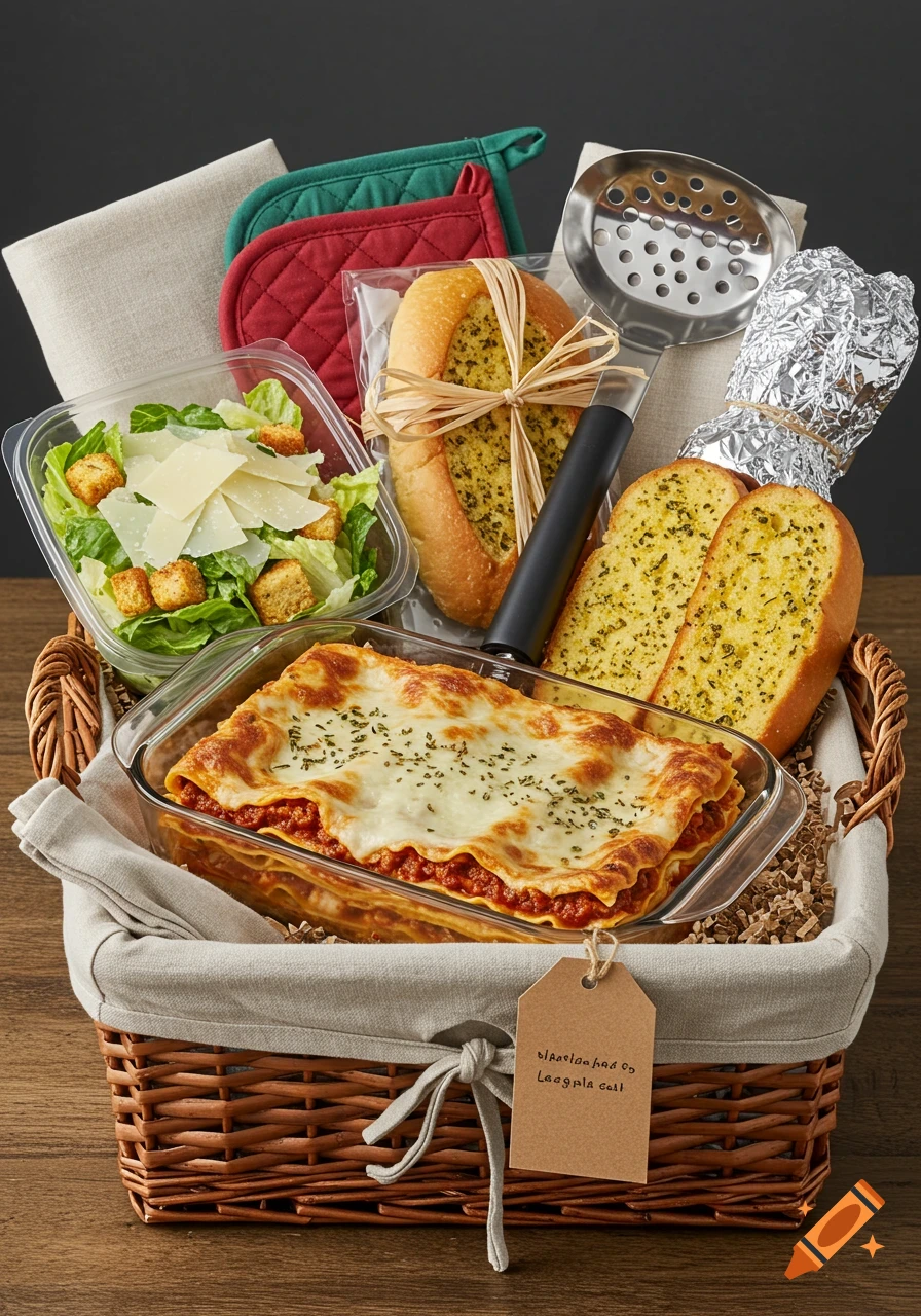 A photorealistic gift basket filled with a glass dish of lasagna, a container of Caesar salad, garlic bread, pot holders, and a slotted spoon, on a wooden surface.