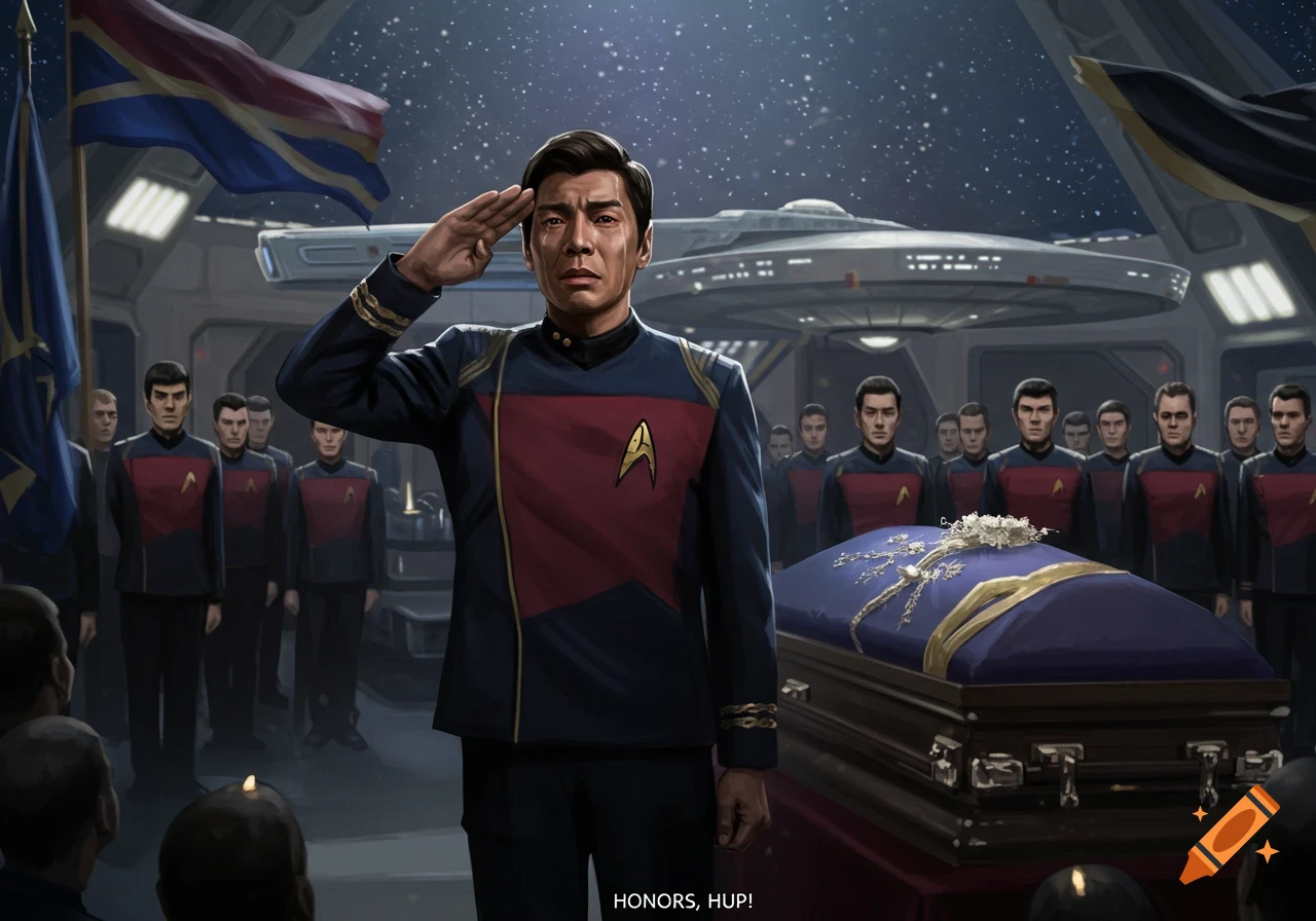 Sulu salutes solemnly at a funeral aboard a spaceship, with a coffin and crew members in Starfleet uniforms.