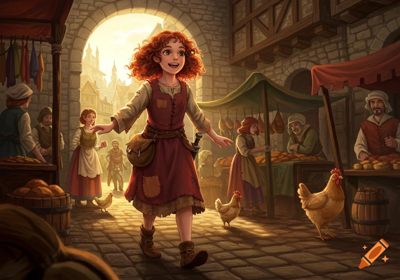 A cheerful young girl with red curly hair walks through a bustling medieval market street, digital illustration.