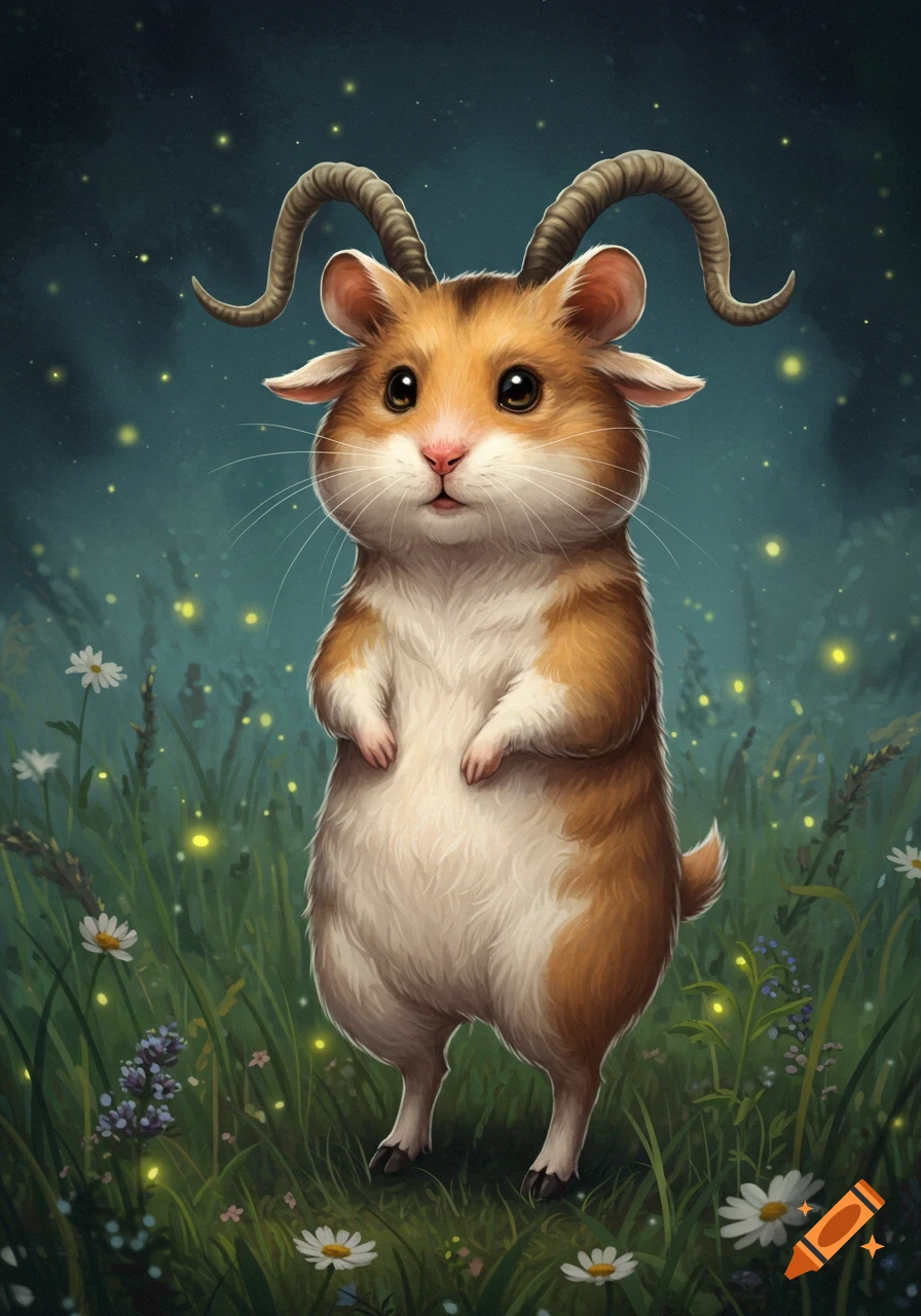 A cute, fluffy, brown and white hamster-goat hybrid with large eyes and horns stands in a field of flowers and fireflies at night.