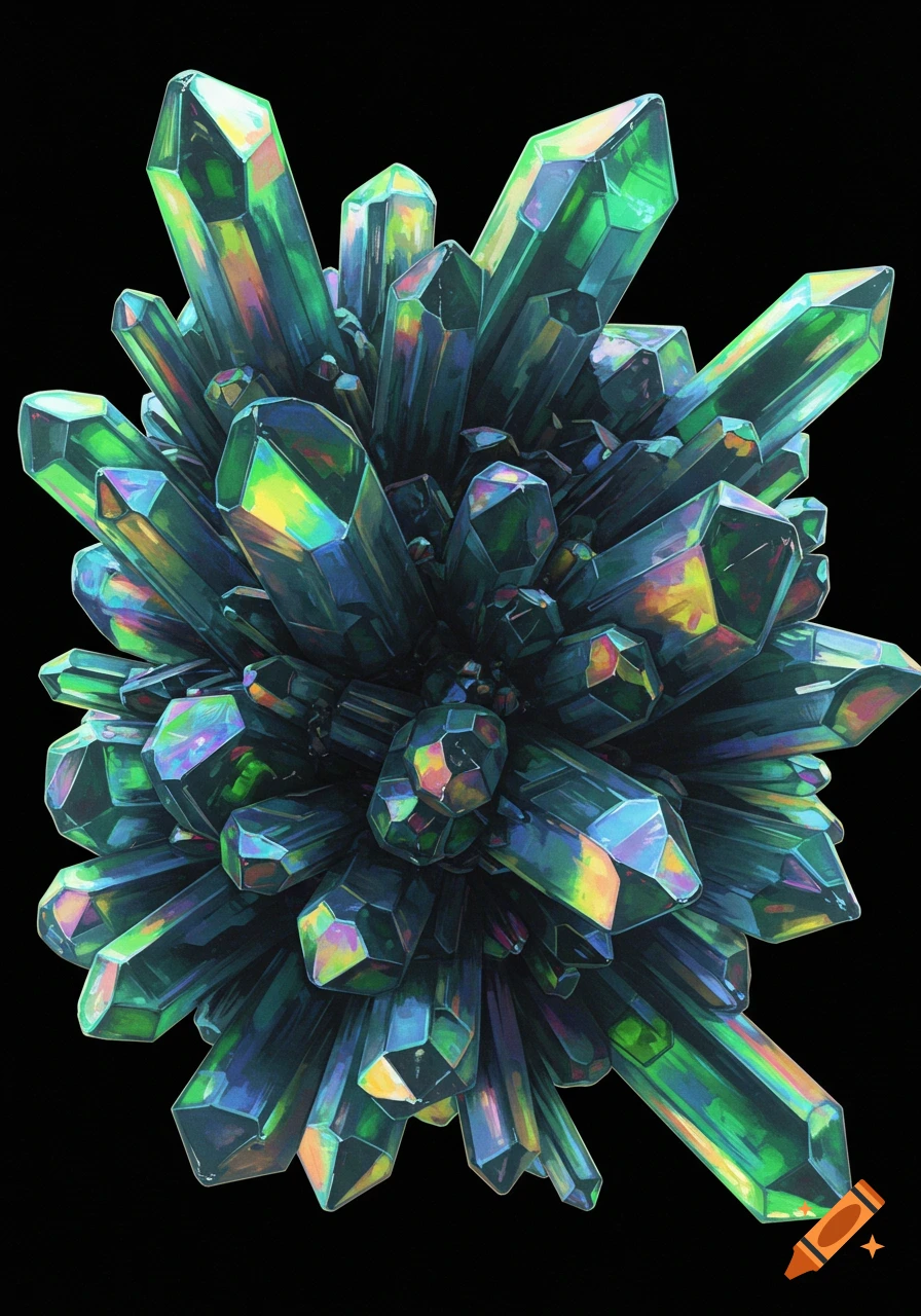 A cluster of sharp, iridescent green and blue crystals with rainbow highlights against a black background.