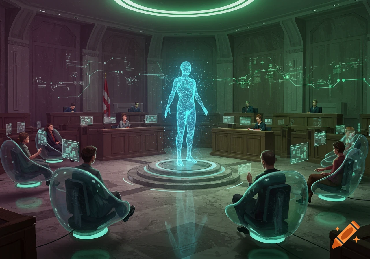A futuristic courtroom or chamber with people in transparent chairs observing a glowing blue holographic human figure on a central platform, surrounded by digital displays.