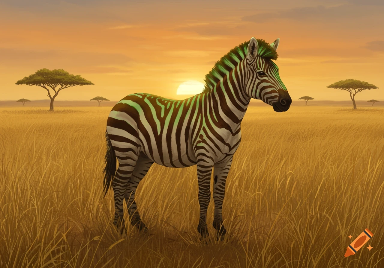 A zebra with brown and green stripes stands in tall grass in a savanna at sunset, with acacia trees in the background.