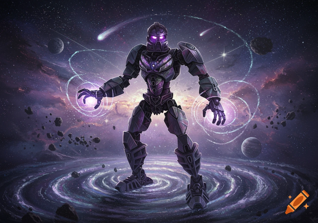 A purple-eyed robotic warrior with glowing hands stands in a cosmic vortex surrounded by planets and asteroids, in an oil painting style.
