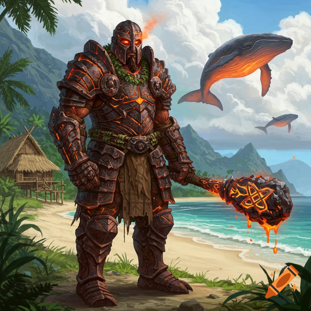 Epic fantasy illustration of a volcanic armored warrior with glowing red eyes on a tropical beach, with flying lava whales.