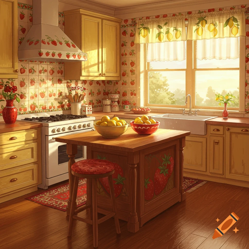 A cozy, fruit-themed kitchen with strawberry motifs and bowls of lemons. Golden hour sunlight streams through the window.
