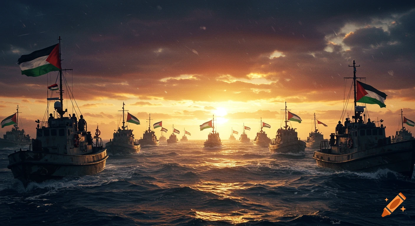 A fleet of boats with Palestinian flags sails on a stormy sea at sunset, toward a bright horizon, photorealistic style.