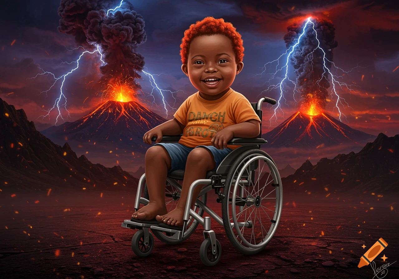 A smiling cartoon child with ginger hair sits in a wheelchair against a dramatic backdrop of erupting volcanoes, lightning, and fire in a stylized landscape.